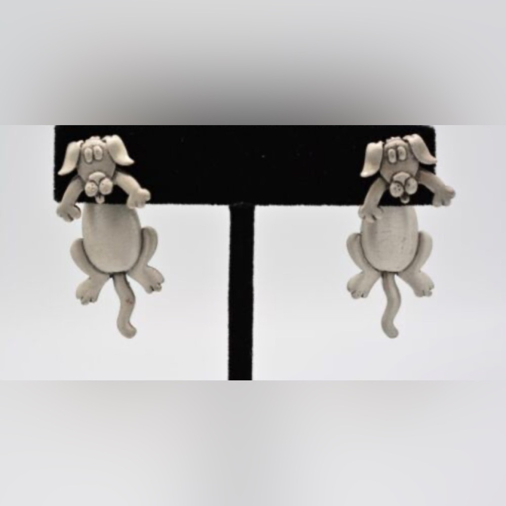 Vintage NWT JJ Jonette Signed Original Pewter Puppy (3D)  DOG Pierced Earrings